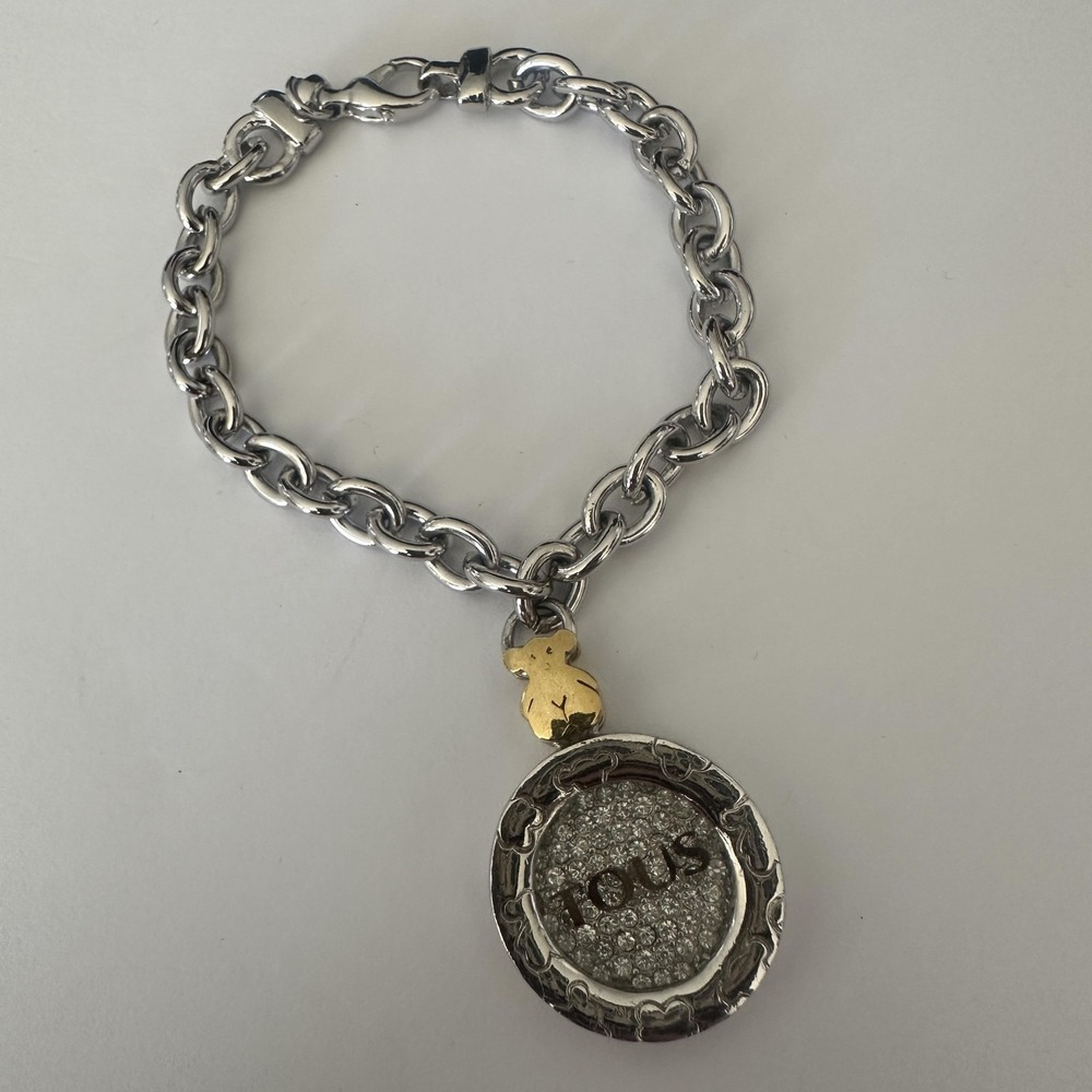 Tous Silver Tone Crystal Logo Charm Chain Bracelet Womens 7.5 Inch Bear Pendant